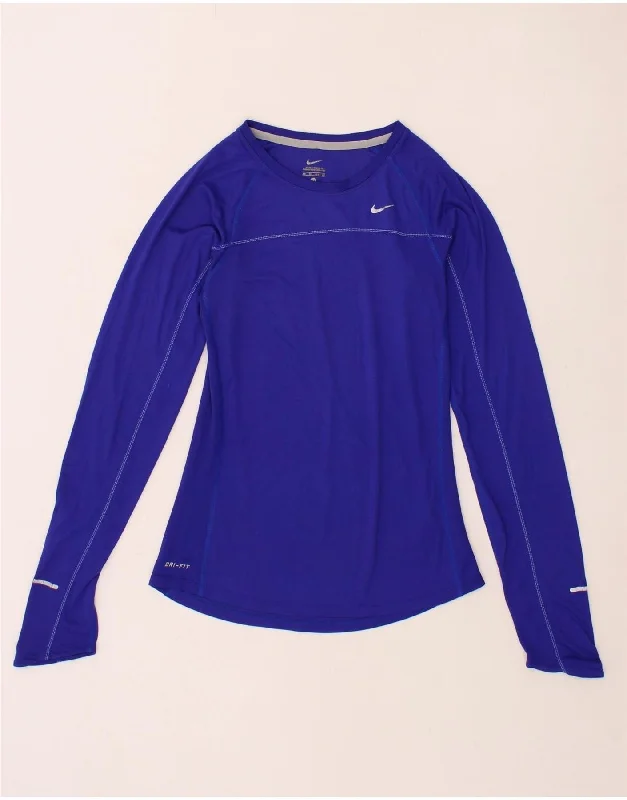 Denim Design NIKE Womens Dri Fit Top Long Sleeve UK 6 XS Blue Polyester