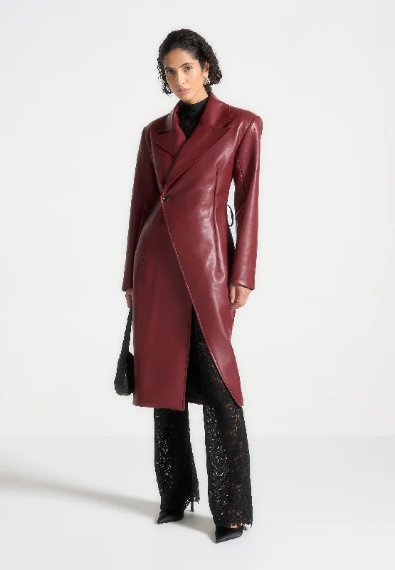 Casual And Versatile Leather Asymmetric Belted Coat - Wine Red