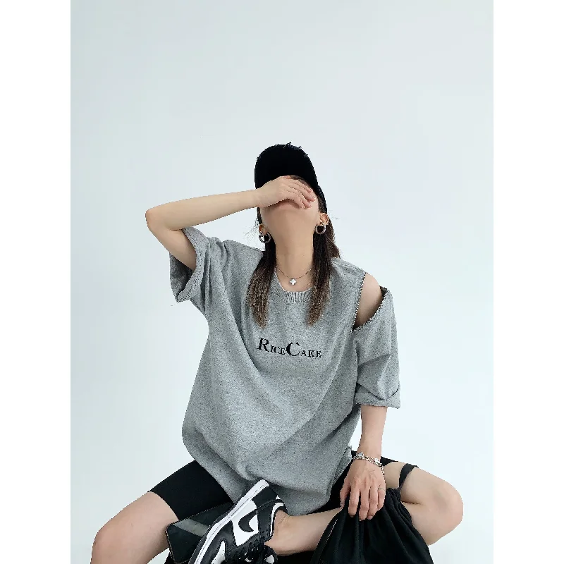 Eye-catching Personality Shoulder Cutouts Oversized Graphic T-Shirt
