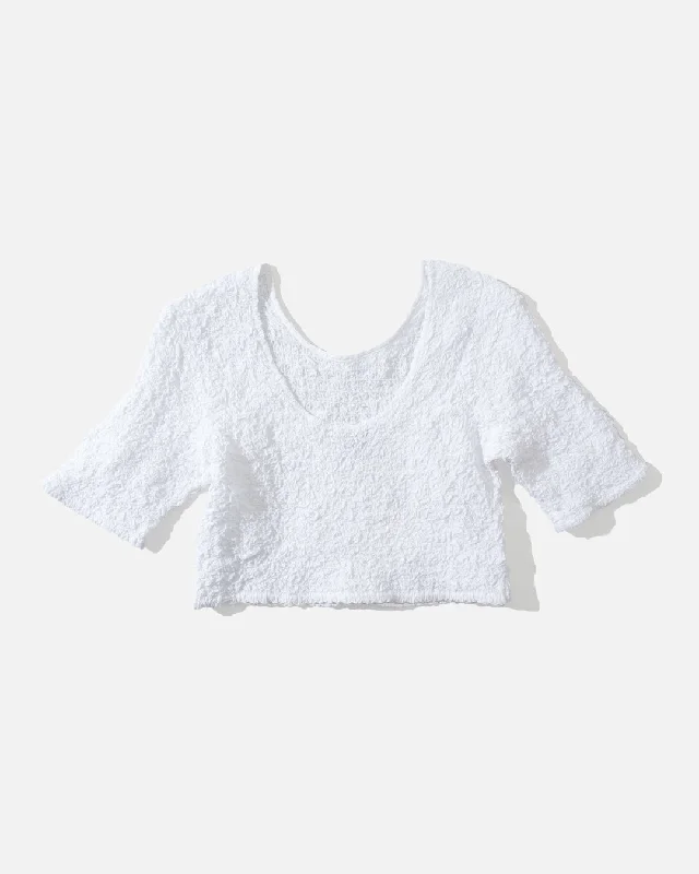 French Retro Cotton Poplin O-neck Cropped Smock Top - Bright White