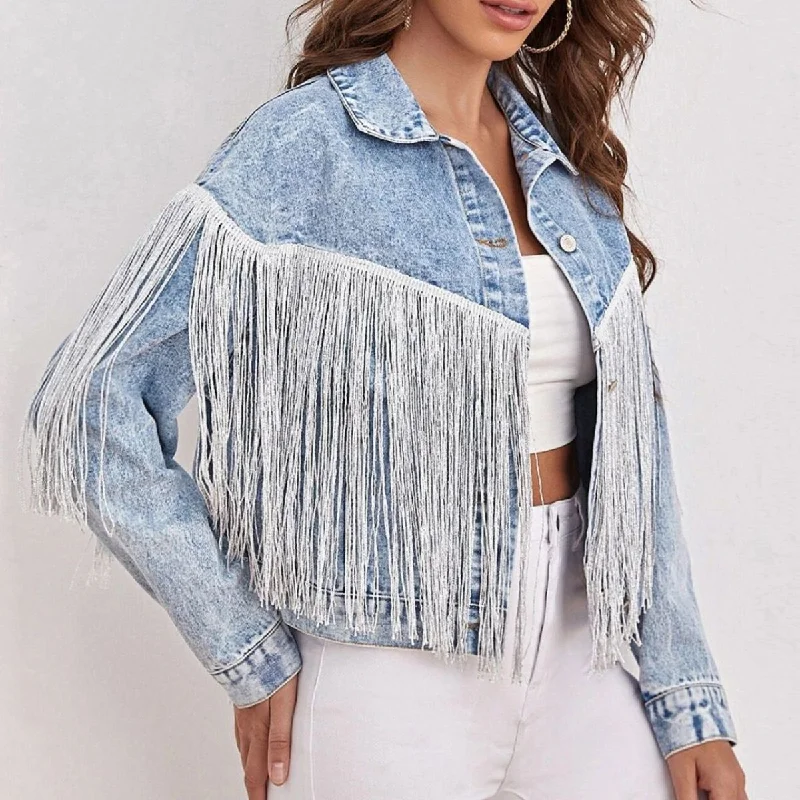 Cool Breeze At Night Fringe Detail Collared Neck Long Sleeve Denim Jacket