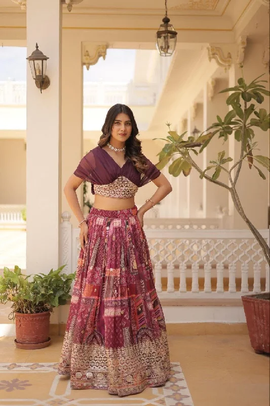 Wine Russian Silk Rich Digital Printed With Foil Embroidery Work Lehenga with Choli Ready to Wear Set