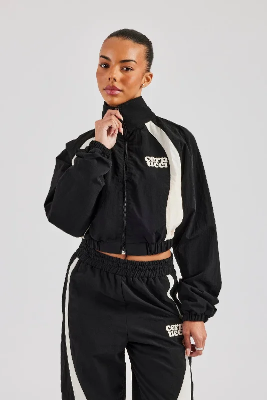 Noble And Elegant Contrast Panel Nylon Zip Through Jacket - Black
