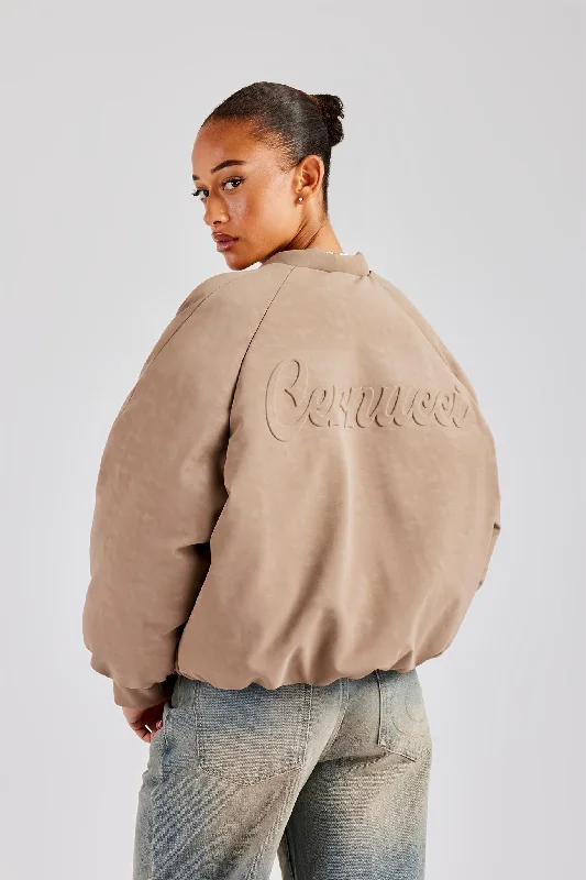Elegant And Noble Cernucci Cropped PU Puffer Bomber Jacket - Taupe