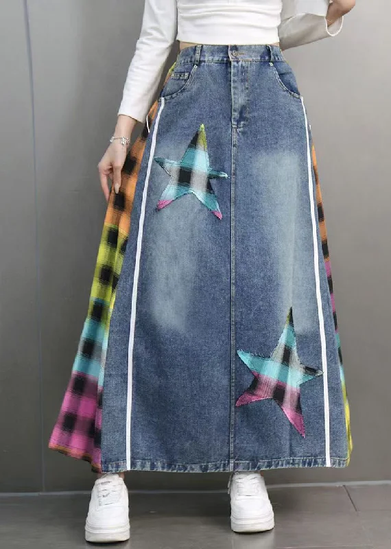 Casual Blue Plaid Patchwork patch Denim Maxi Skirts Spring