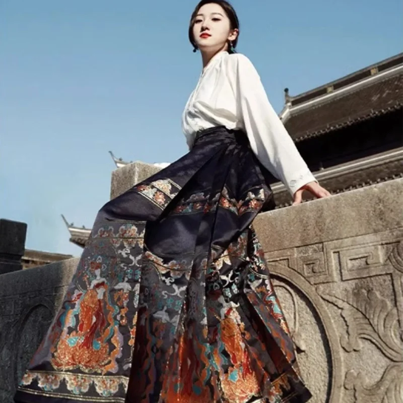 Traditional Chinese V Neck Hanfu Shirt and Horse-Face Skirt 2-Piece Set