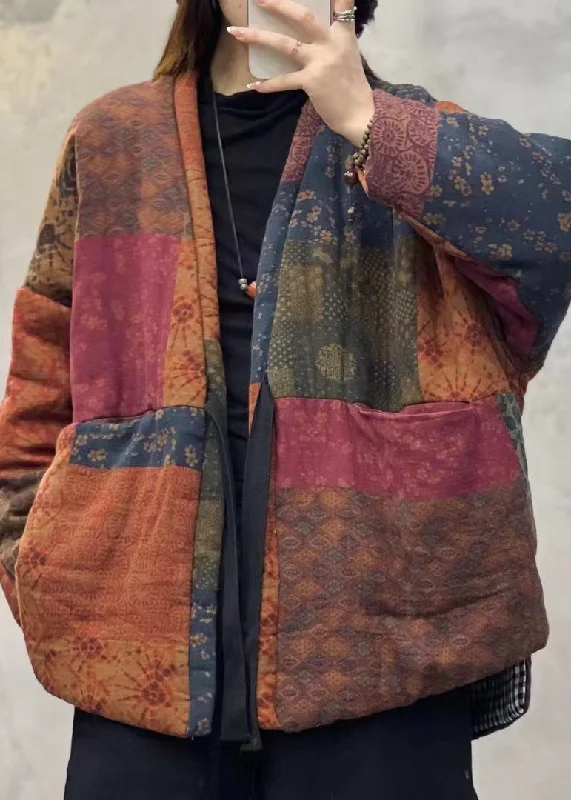 Casual And Casual Vintage Orange V Neck Pockets Patchwork Fine Cotton Filled Jackets Winter