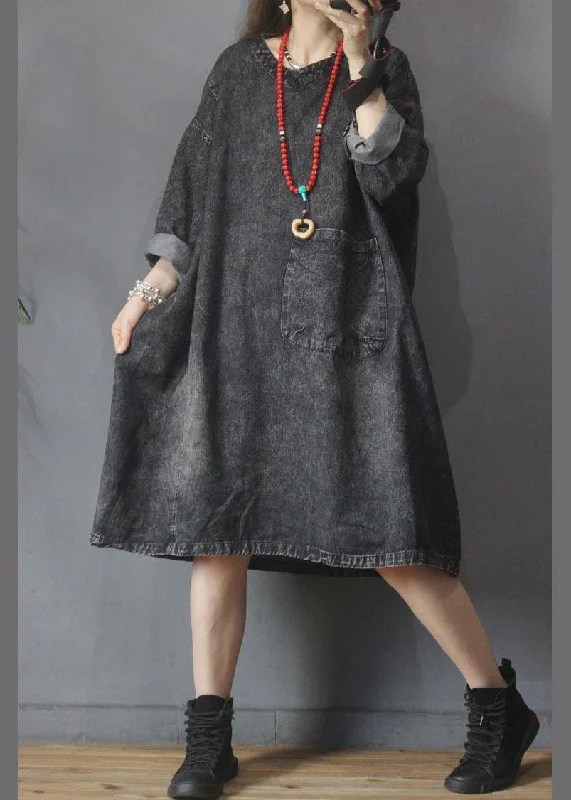 Elegant Tailoring V-neck Baggy Pockets Denim Dress