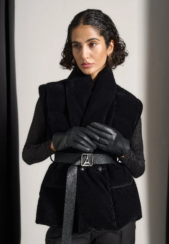 Simple Solid Color Velvet Wrap Belted Puffer Jacket - Black