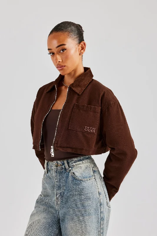 British Fashion Twill Cord Collar Harrington Jacket - Chocolate