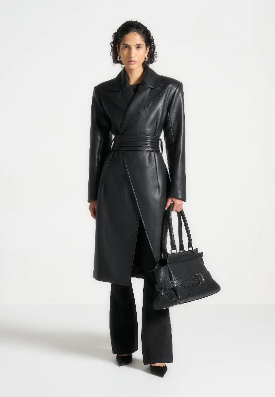 Feminine Charm Leather Asymmetric Belted Coat - Black