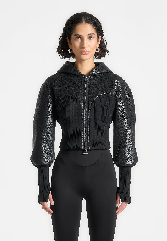 Elegant Tailoring Hooded Pebbled Leather Contour Jacket - Black
