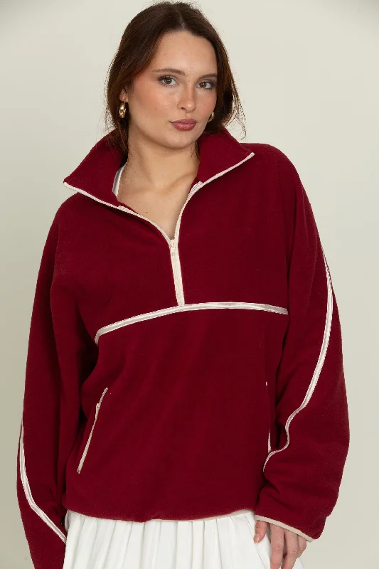 French Style Maroon Minimalistic Half-Zip Pullover