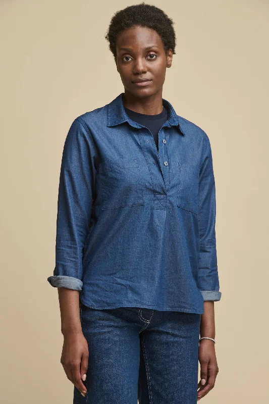 Street Fashion Women's Olivia Half Placket Lightweight Denim Shirt - Indigo