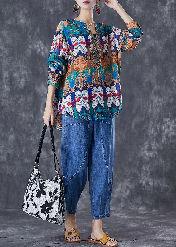 Youthful Art Print Oversized Rivet Cotton Shirts And Denim Pants Two Pieces Set Summer Youthful Art Print Oversized Rivet Cotton Shirts And Denim Pants Two Pieces Set Summer