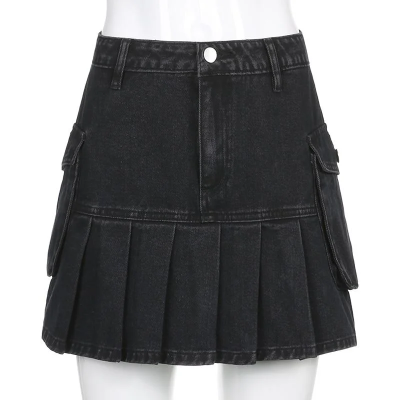 Knowledge And Elegance High Waist Jean Skirts Denim Pleated Skirts with Big Pockets Outfit Knowledge And Elegance High Waist Jean Skirts Denim Pleated Skirts with Big Pockets Outfit