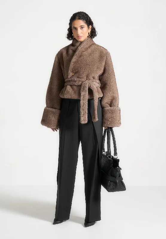 Low-key Luxury Fur Kimono Tie Jacket - Brown