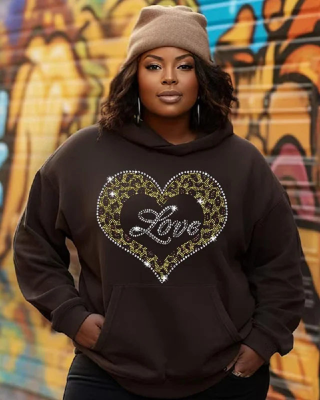 Cool Breeze At Night Black leopard print heart contrast color hot diamond print casual hoodie