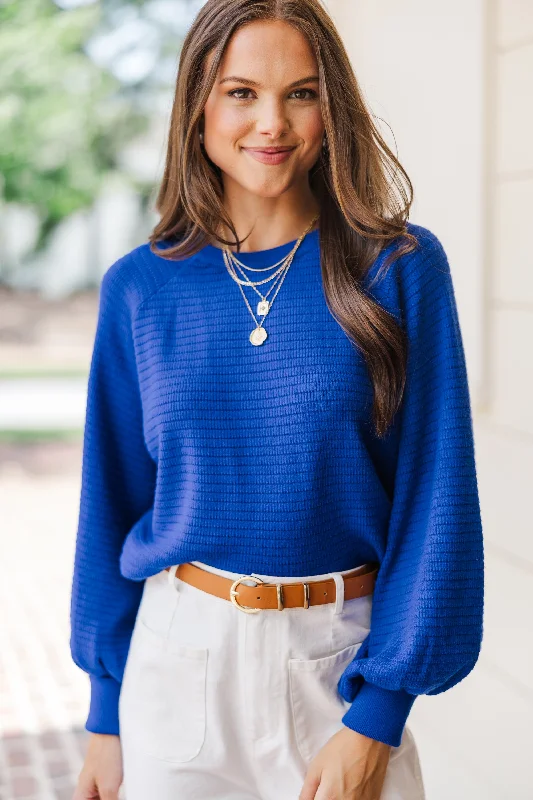 Wearable At Home Or Out In The Works Royal Blue Ribbed Sweater