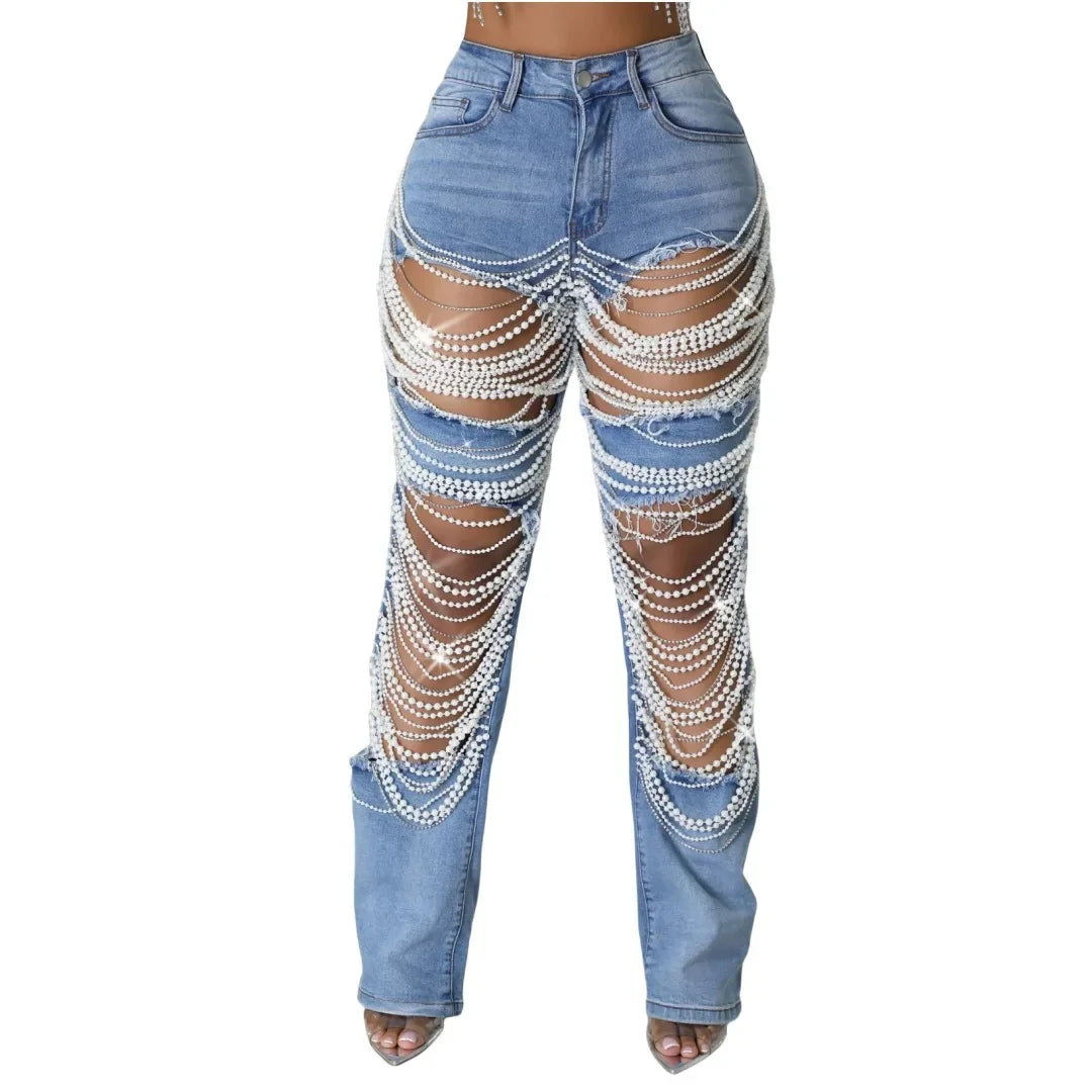 Fashion Elements Women Fashion Pearl Beading Ripped Hollow Out Tassel Wide Leg Jeans 2024 New Summer INS Street Denim Pants Trousers Fashion Elements Women Fashion Pearl Beading Ripped Hollow Out Tassel Wide Leg Jeans 2024 New Summer INS Street Denim Pants Trousers