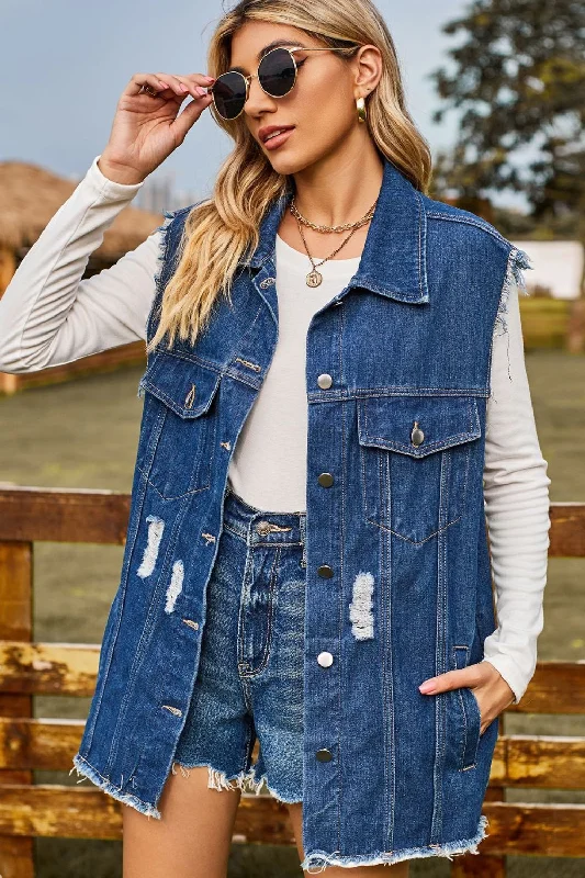 Elegant Temperament Sleeveless Button-Up Collared Denim Top with Pockets