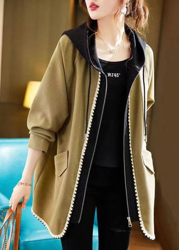 Sweet Girl French Yellow Zip Up Pockets Patchwork Cotton Hooded Coat Fall