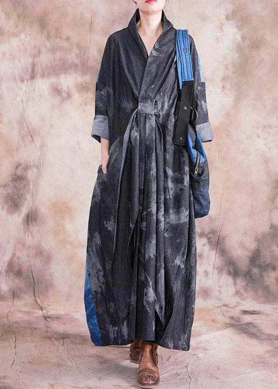 Sexy Fun Modern denim black cotton dress v neck patchwork loose fall Dress