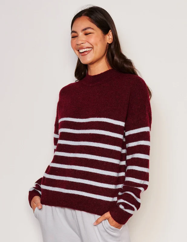 Denim Design Sundry Stripes Mock Neck Cozy Sweater in Bordeaux