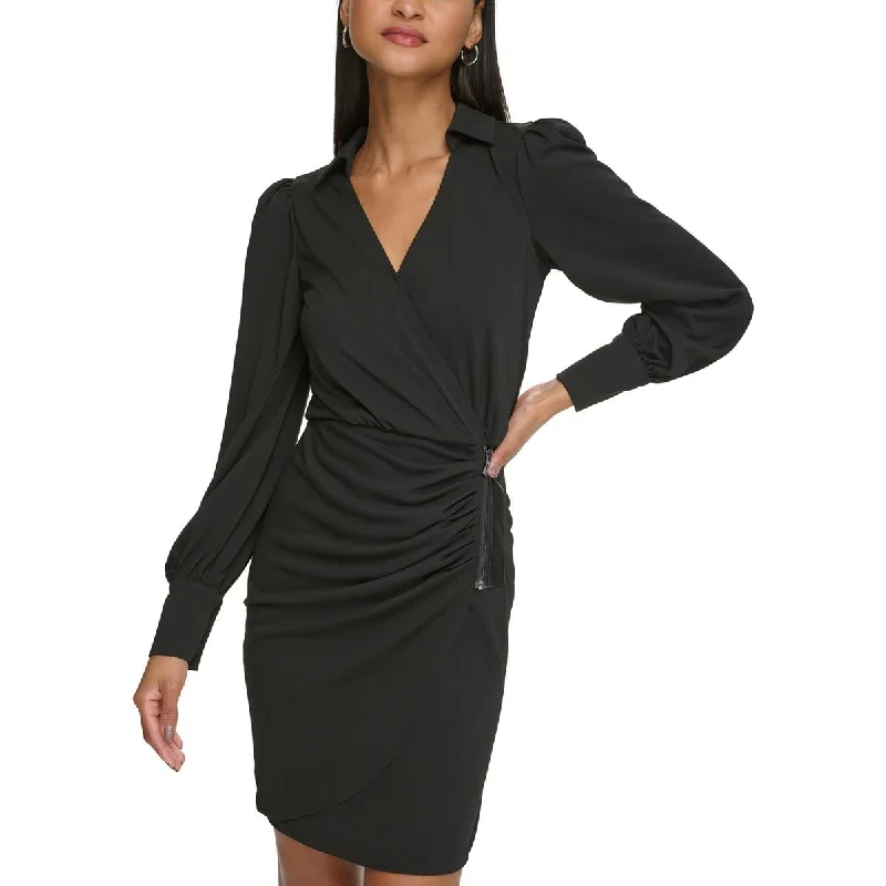 Warm And Comfortable Karl Lagerfeld Paris Womens Ruched Faux Wrap Mini Dress