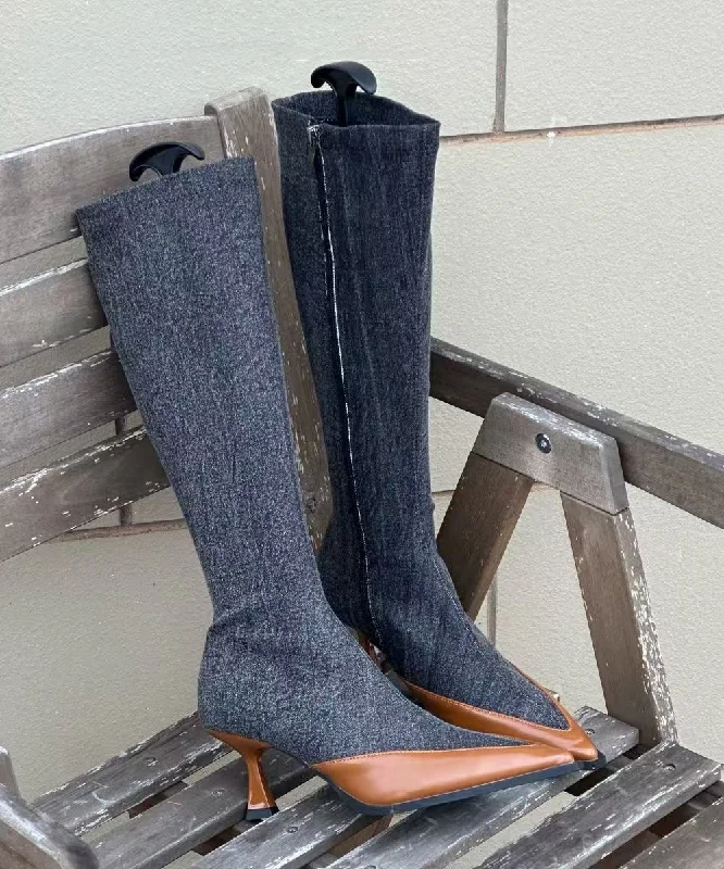 Casual And Versatile Classy Splicing High Heel Denim Boots Blue Pointed Toe