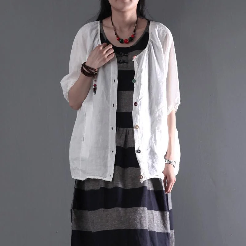 Elegant Style White plus size linen coat women short blouse top shirt print at back