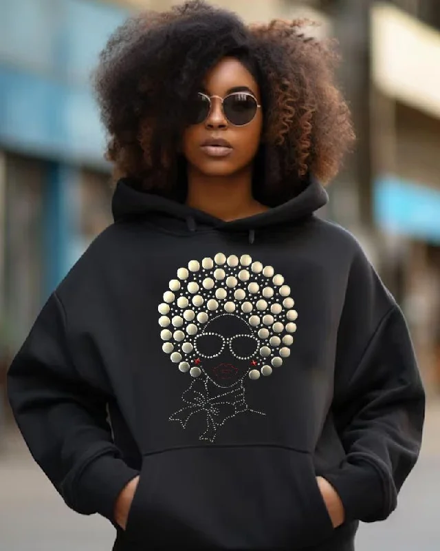 Black Afro Hair Diamond Printed Casual Hoodie