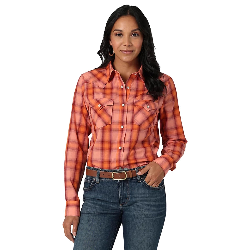 Elegant Tailoring Wrangler Women's Orange Plaid Pearl Snap Long Sleeve