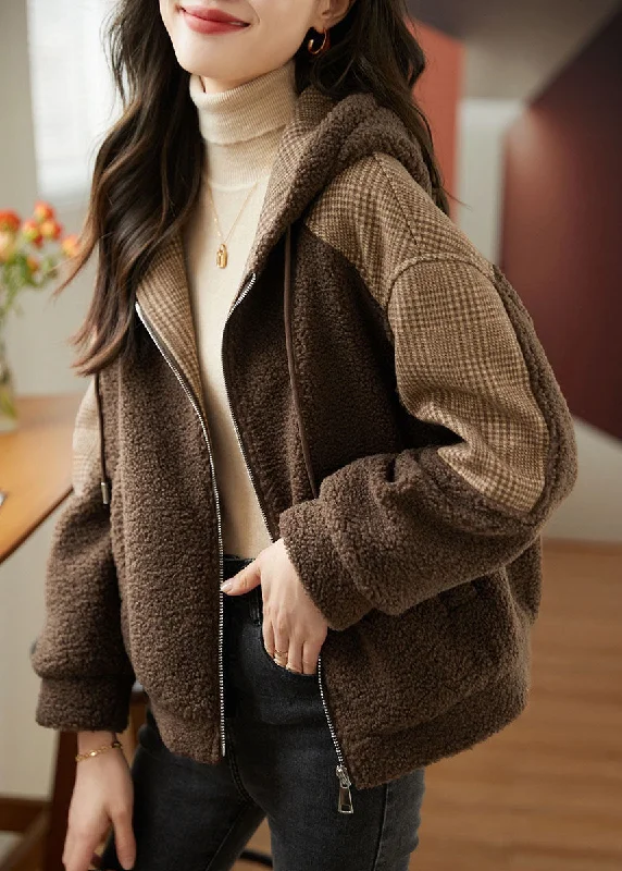 Stunning Fashion Loose Coffee Zippered Plaid Patchwork Faux Fur Hoodie Coat Fall