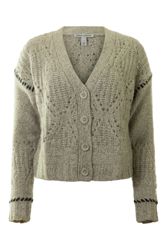End Of The Year Autumn Cashmere Shaker V Neck Cardi w/ Diamond
 in Pebble-Pepper