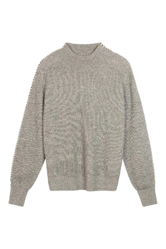Personalized Clothing Repeat Cashmere Rib Knit Sweater with Crochet Details on Sleeves in Light Grey