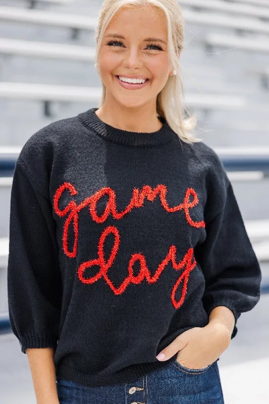 Sweet Girl It's Game Day Black/Red Puff Sleeve Sweater