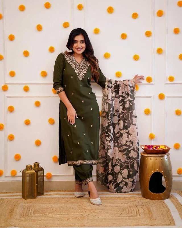 Trending Viscose Rayon Embroidered Kurti with Dupatta and Pant Set in 2 colors