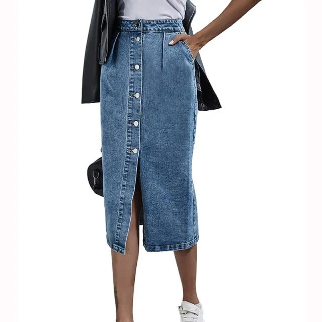 Youthful Single Breasted Knee Length Denim Skirt Women Casual High Waist Skirt