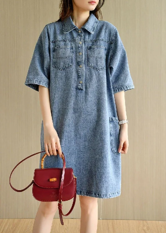 Casual Denim Blue Peter Pan Collar Pockets Summer Cotton Mid Dress Half Sleeve