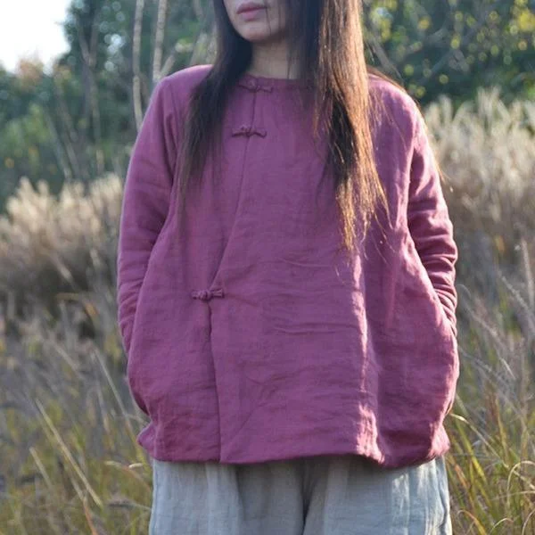 Short Design Women Autumn Parkas Ramie Coats Solid Color 2020 New O-Neck Long Sleeve Parkas