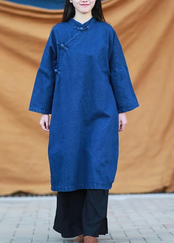 Feminine Charm DIY denim dark blue quilting dresses stand collar baggy Dresses