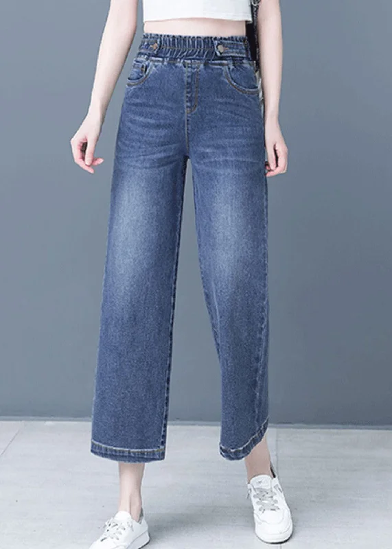 Classic Elegant Denim Blue Patchwork Elastic Waist Crop Wide Leg Pants