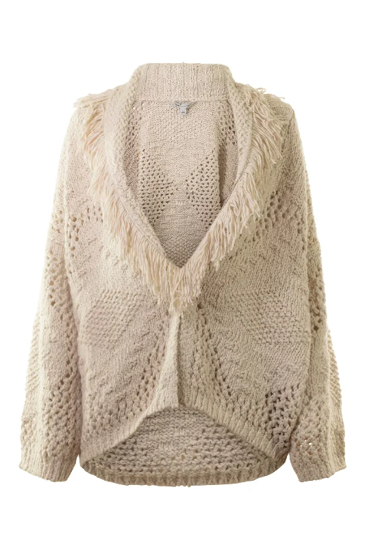 Girl Style Autumn Cashmere Fringed Shawl Collar Jacket in Sand