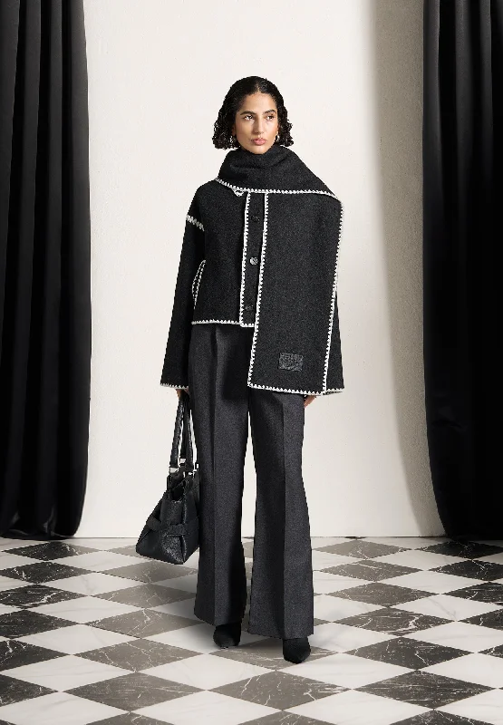 Casual And Comfortable Wool Blanket Stitch Jacket with Scarf - Black