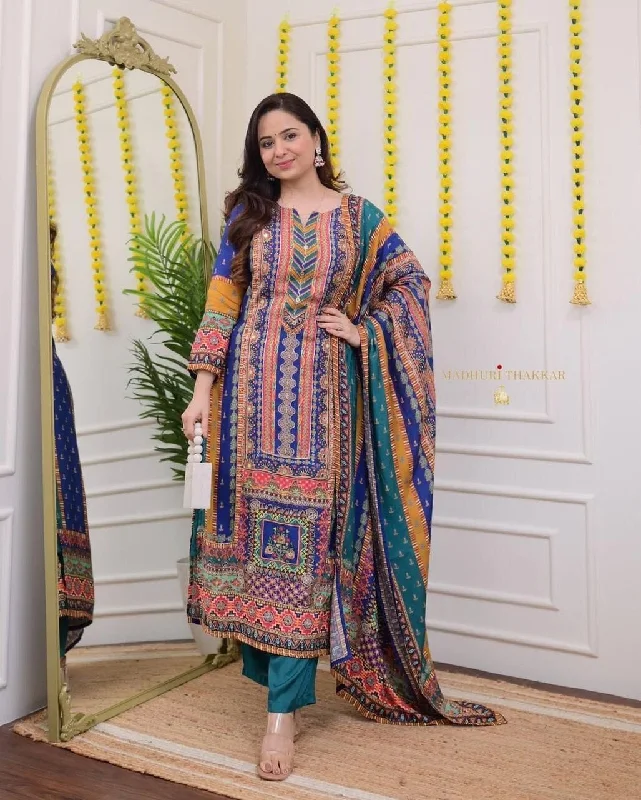 Multicoloured print with Embroidered Kurti with Dupatta and Pant Set