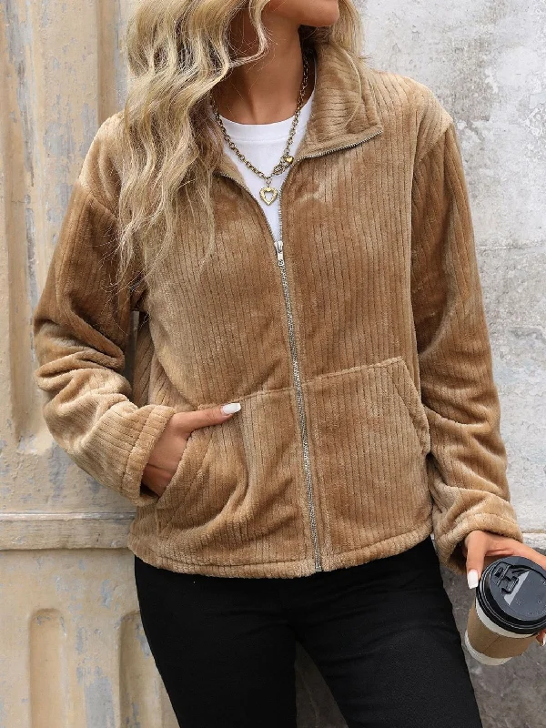 Elegant And Noble Perfee Pocketed Zip Up Collared Neck Long Sleeve Jacket