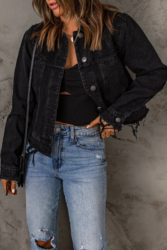 Cute Style Frayed Trim Button Down Denim Jacket
