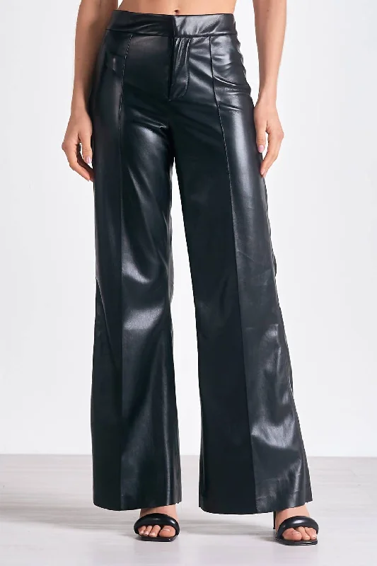 Classic Vegan Leather High Waist Flare Pants In Faux Black