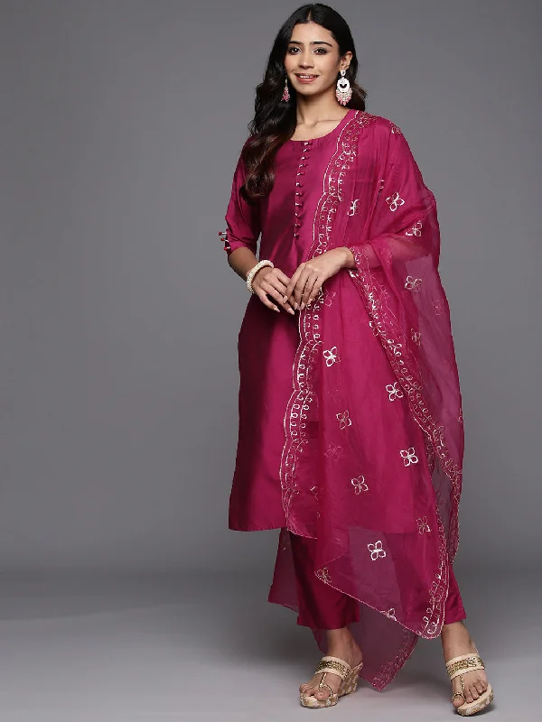 Magenta Solid Silk Blend Straight Suit With Dupatta